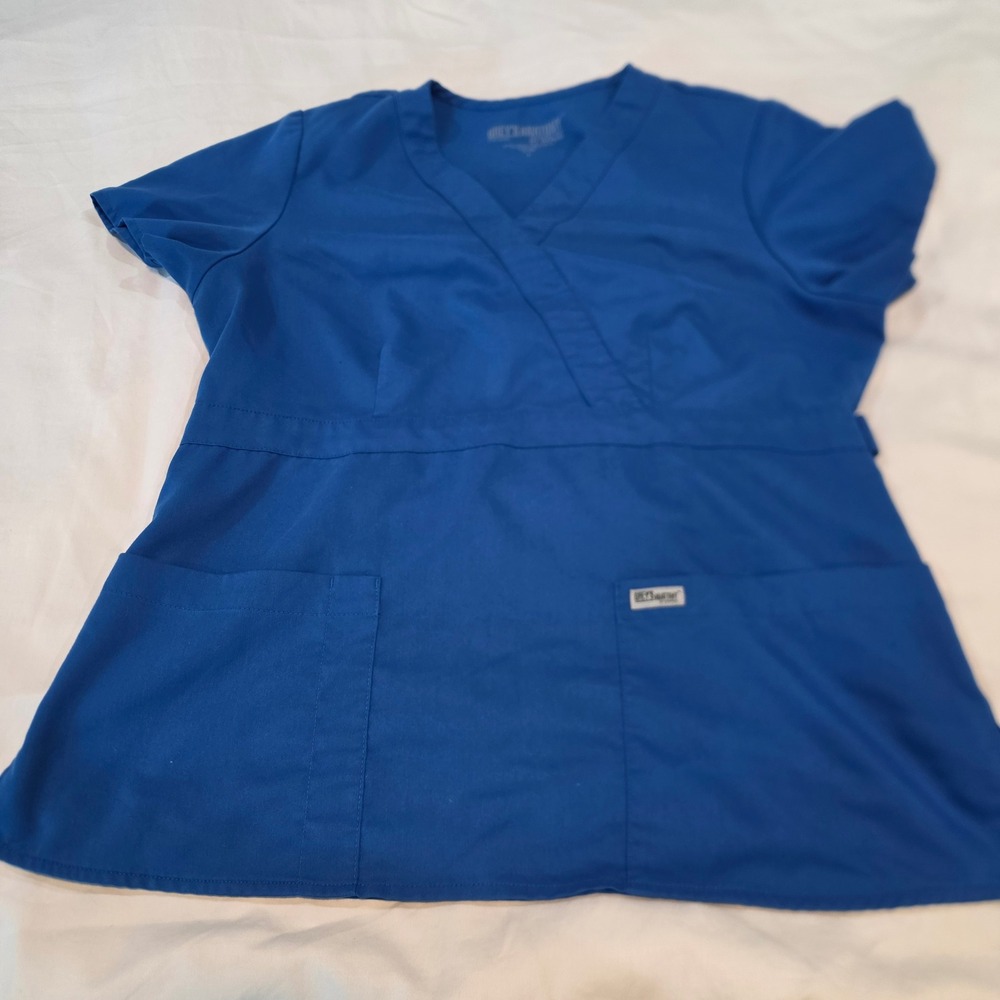 Grey's Anatomy Scrub Top Women Large Blue Excellent Mock Wrap V-Neck Barco